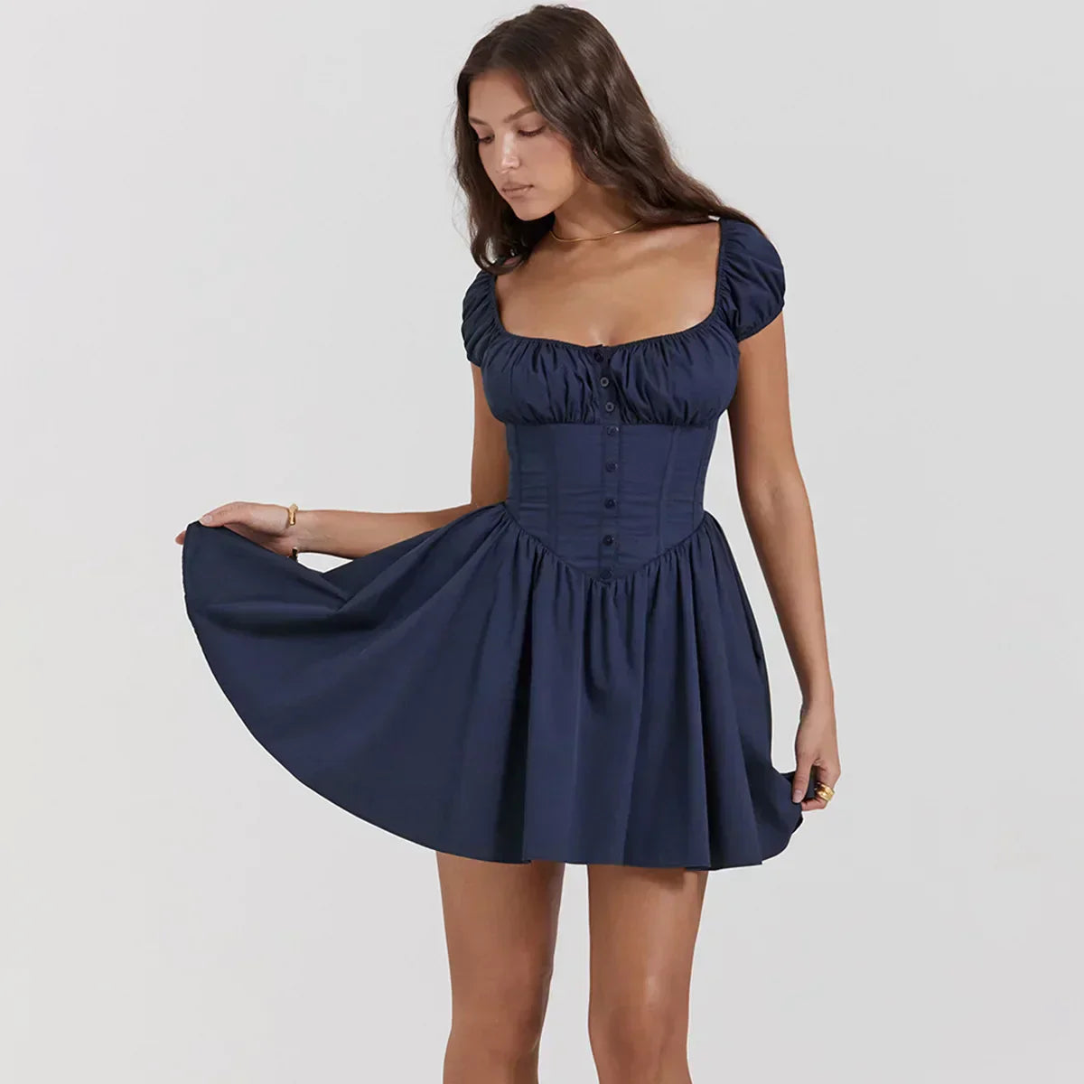 Square Neck Puff Sleeve Corset Fit and Flare Mini Dress