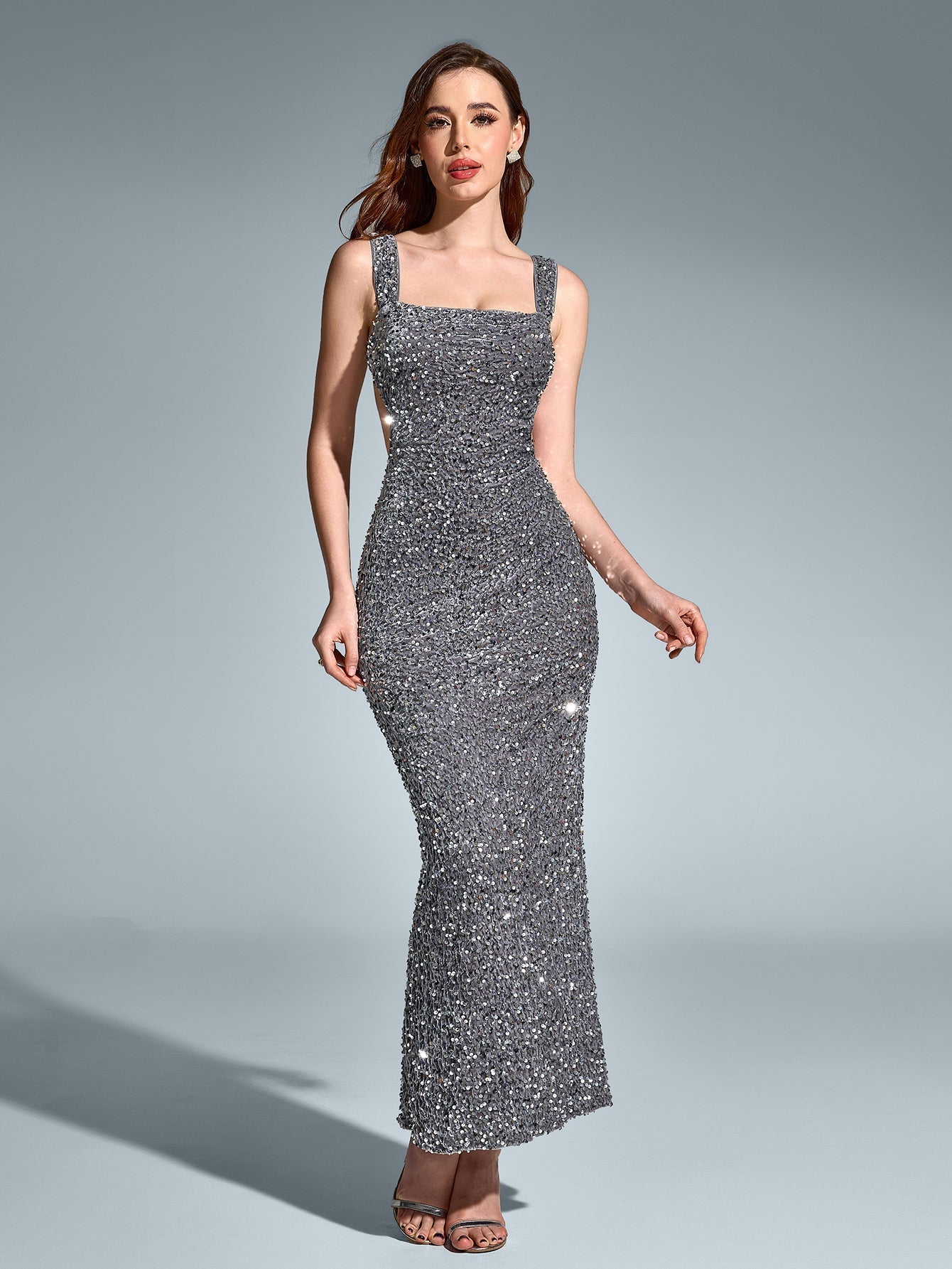 Square Neck Cut Out Split Hem Sequin Dress - View 5