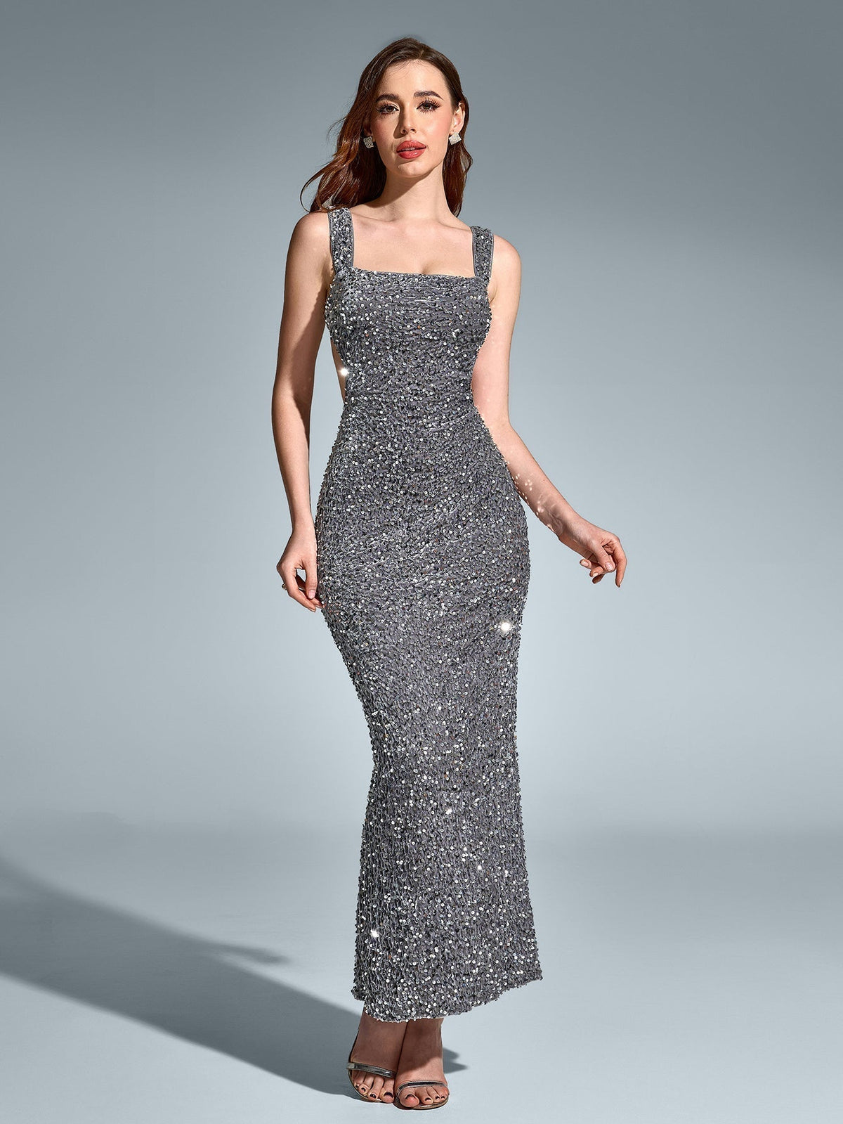 Sequin Square Neck Sleeveless Open Back Bodycon Maxi Dress 5