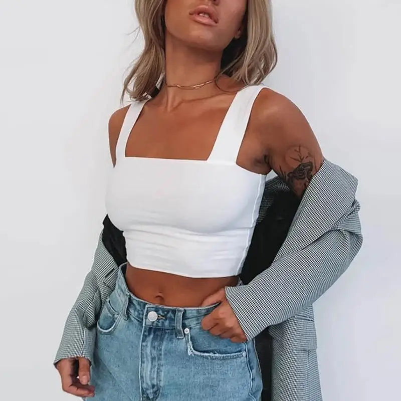 Square Neck Sleeveless Summer Crop Women Black Casual Basic T Shirt Off Shoulder Cami Sexy Backless