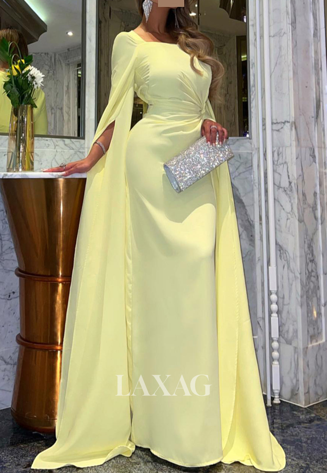 Square-Neck Half-Sleeves Mermaid Evening Dress Pleated Satin Floor-Length Formal Gowns