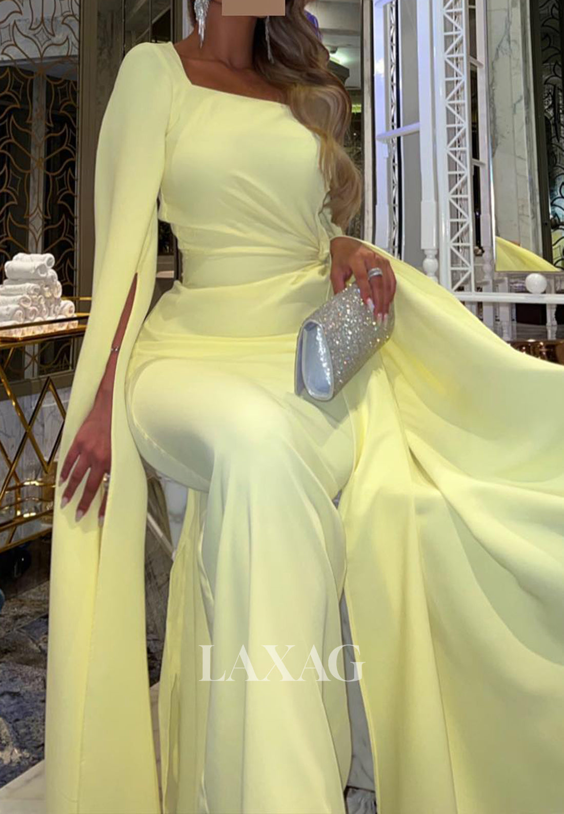 Square-Neck Half-Sleeves Mermaid Evening Dress Pleated Satin Floor-Length Formal Gowns