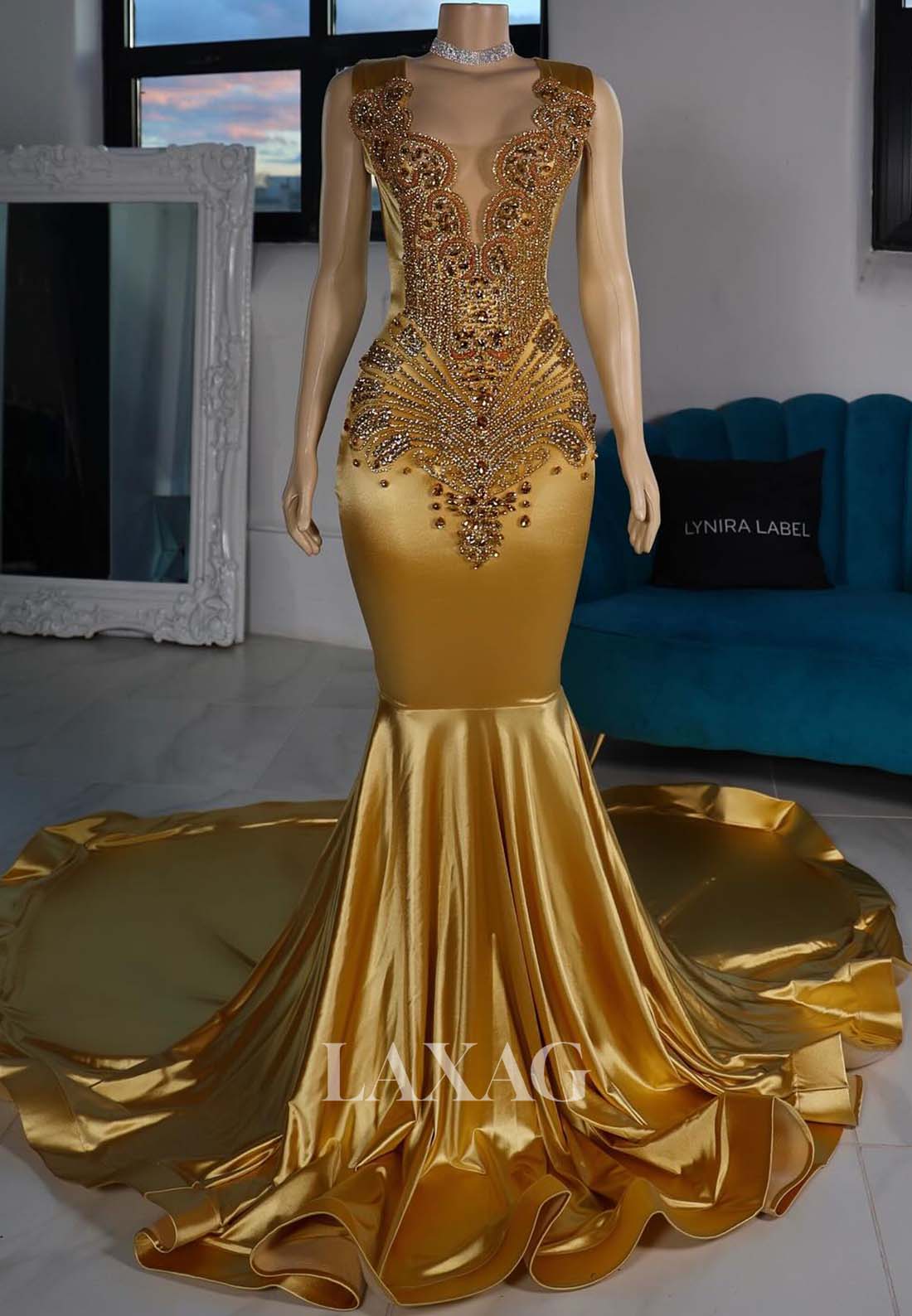 Deep V-Neck Off-Shoulder Straps Beaded Sweep Train Mermaid Prom Dress for Black Girl Slay