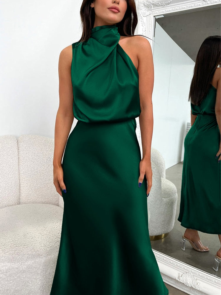 Satin Twist High Neck Sleeveless Blouson Maxi Dress Wedding Guest