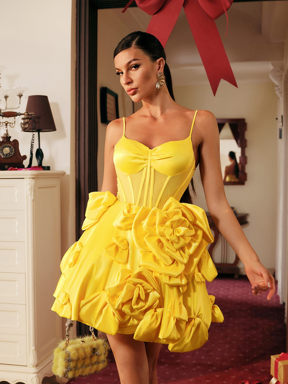Satin Spaghetti Strap Corset Rosette Mini Dress