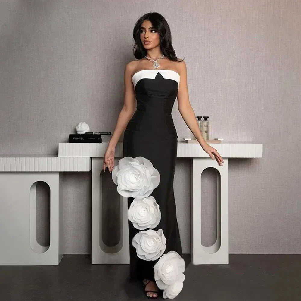Strapless Contrast Trim 3D Flower Applique Column Maxi Dress