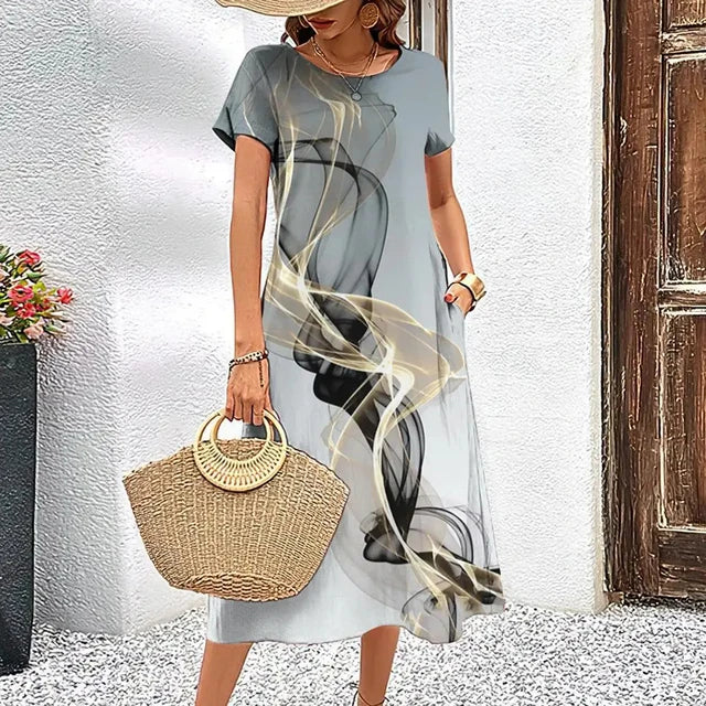Abstract Print Round Neck Short Sleeve Pocket A-Line Midi Dress