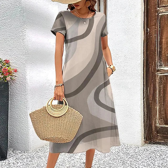 Abstract Print Round Neck Short Sleeve Pocket A-Line Midi Dress