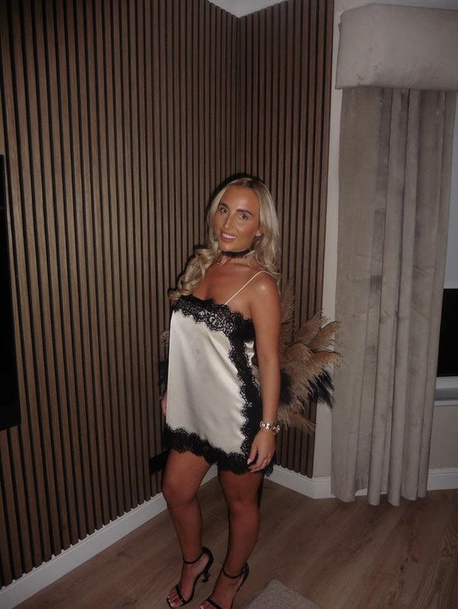Satin Contrast Lace Trim Spaghetti Strap Slip Mini Dress 3