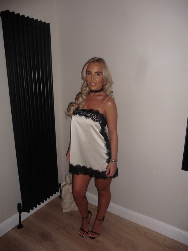 Satin Contrast Lace Trim Spaghetti Strap Slip Mini Dress