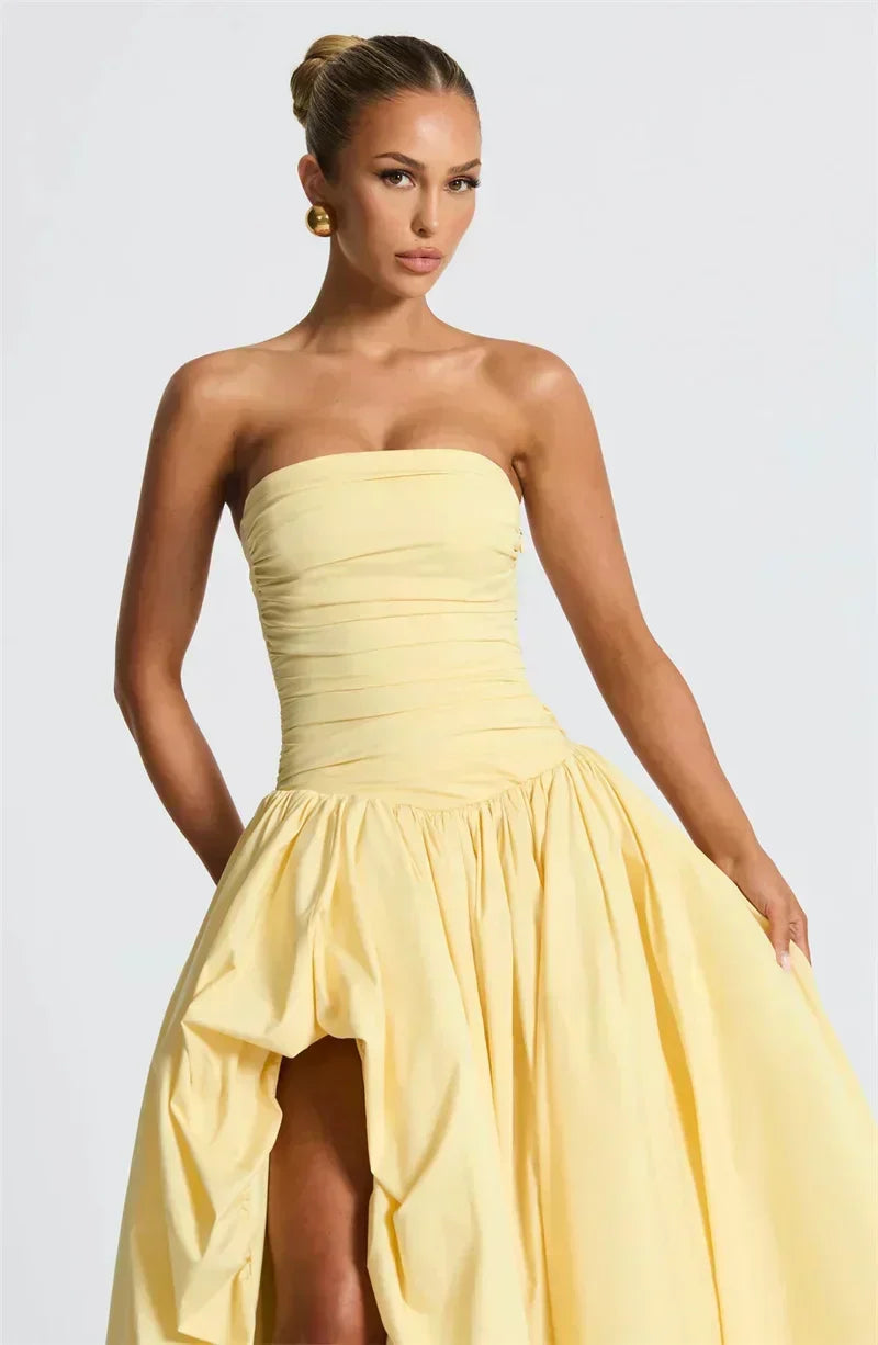 Strapless Ruched Bodice Drop Waist High Split Maxi Dress 9