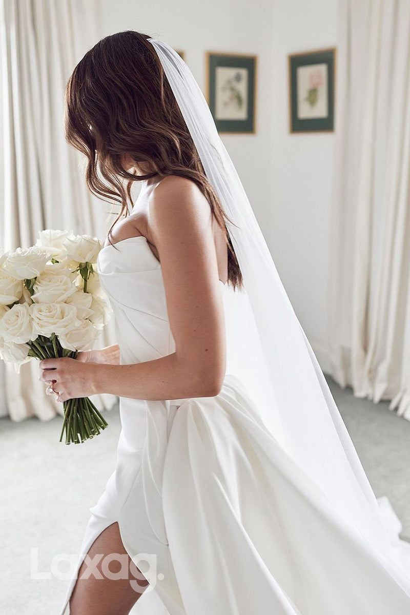 22664 - Strapless Sleek Satin High Slit Elegant Wedding Dress with Train
