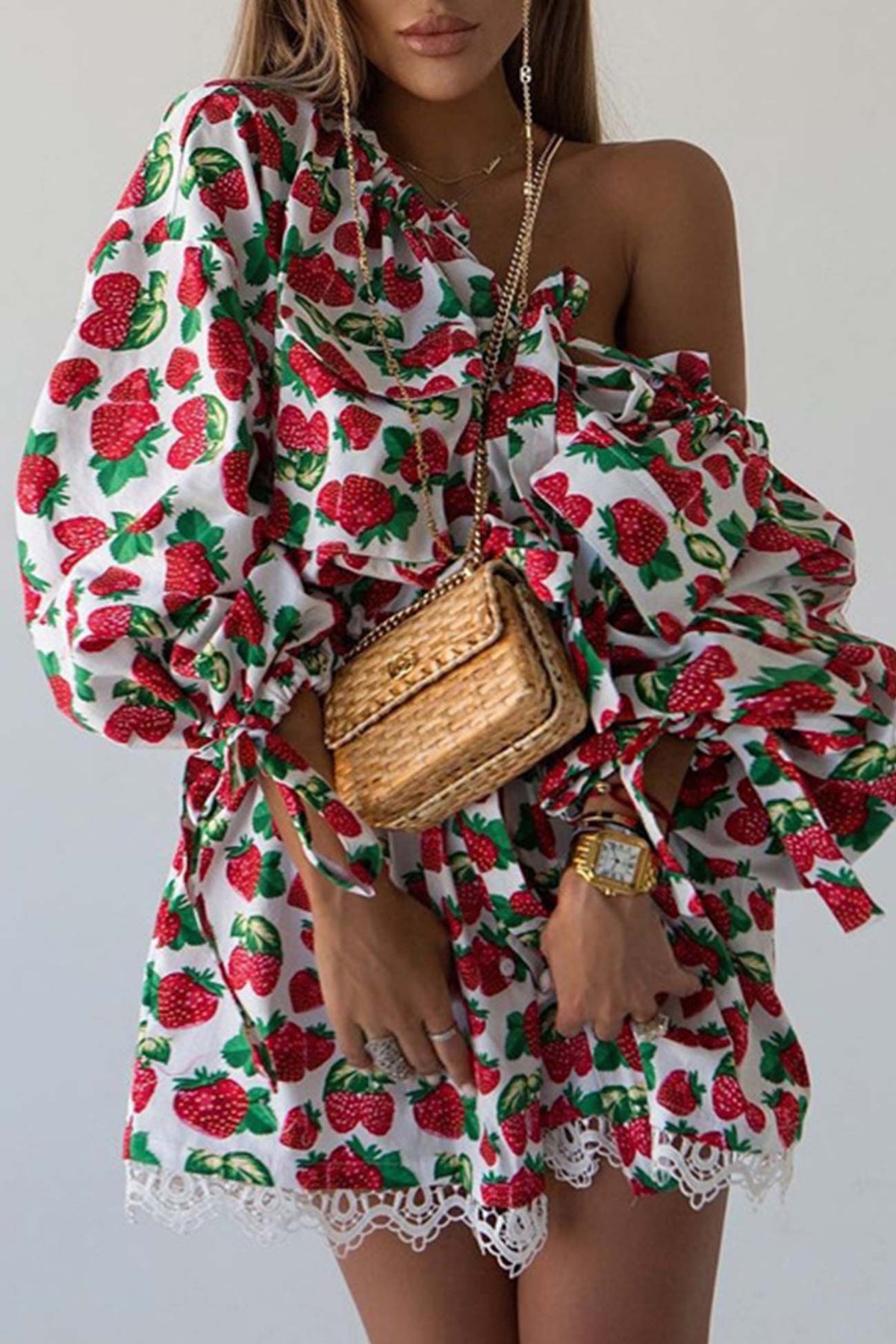 Strawberry Print Off Shoulder Puff Sleeve Lace Trim Mini Dress 3