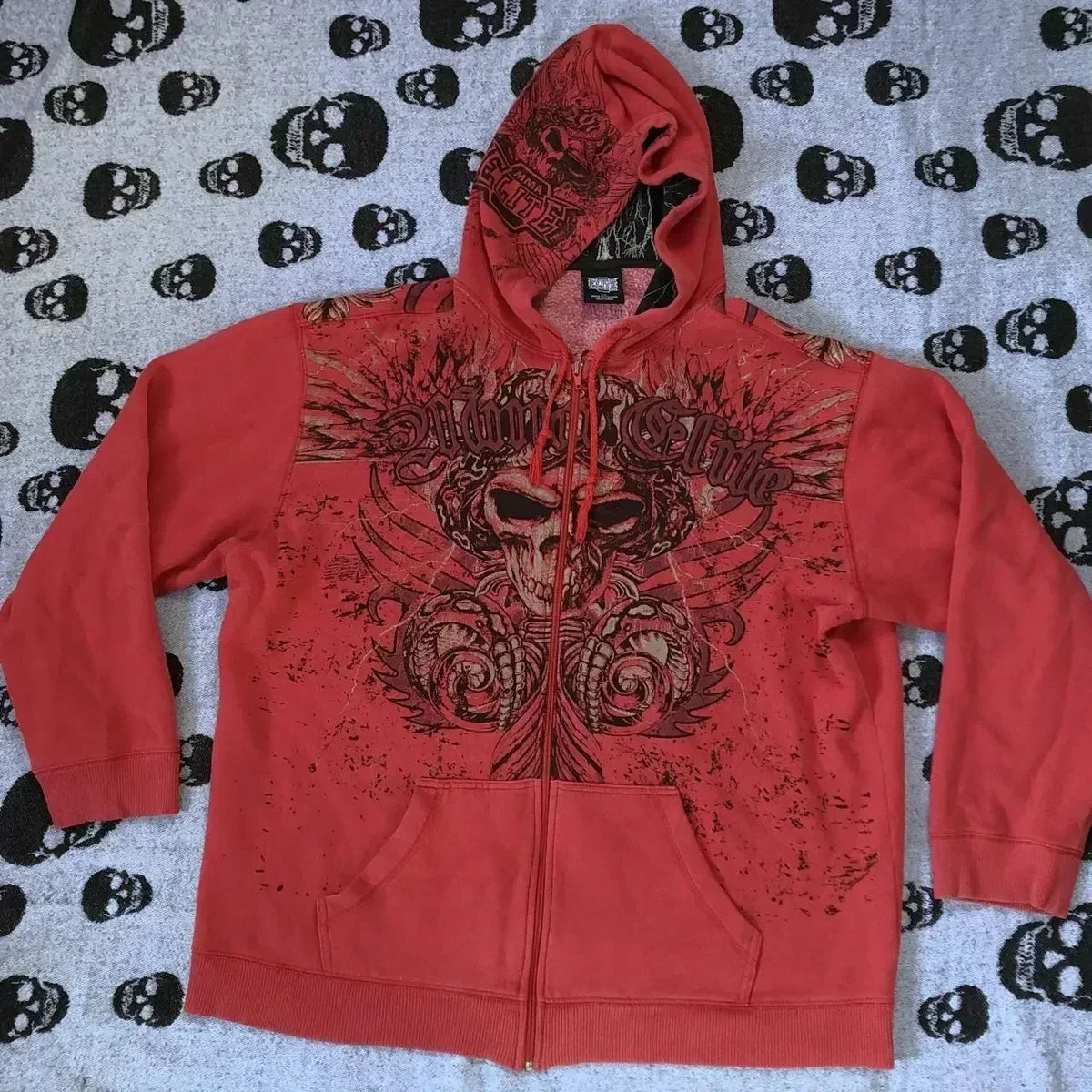 Mirrored Skull Graphic Print Washed Zip Front Hoodie 4