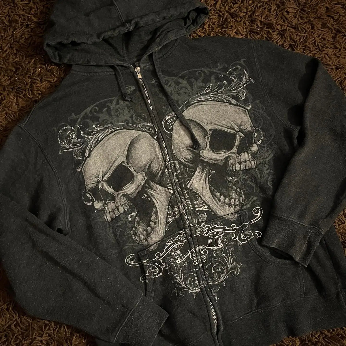 Mirrored Skull Graphic Print Washed Zip Front Hoodie 2