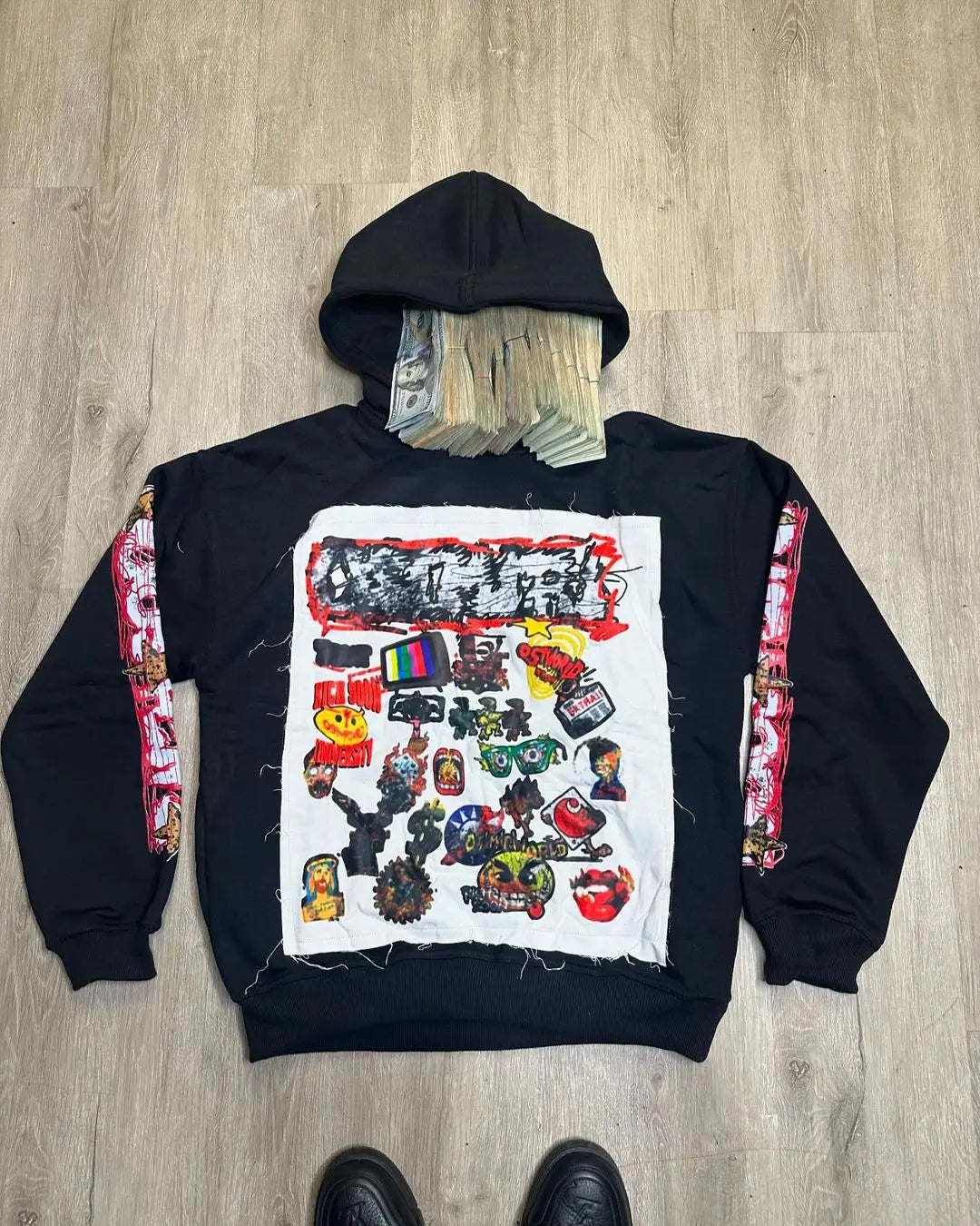 Angry Cartoon Face Back Print Cropped Boxy Pullover Hoodie 2