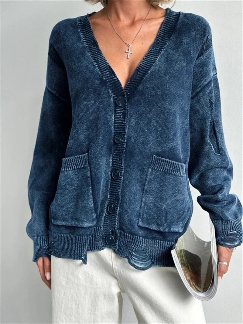 V-Neck Distressed Ripped Knit Button Front Pocket Oversized Cardigan 7