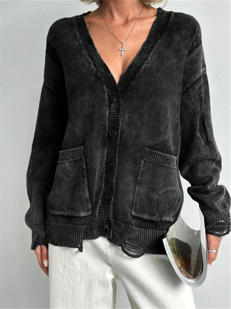 V-Neck Distressed Ripped Knit Button Front Pocket Oversized Cardigan 6