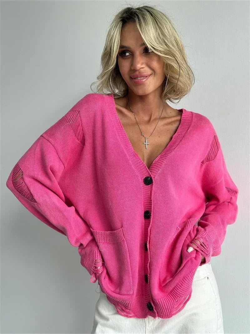V-Neck Distressed Ripped Knit Button Front Pocket Oversized Cardigan