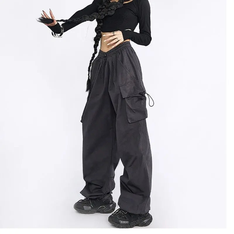 Elastic Waist Flap Pocket Toggle Hem Baggy Cargo Parachute Pants