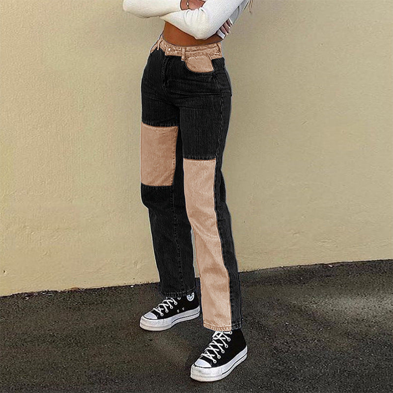High Waist Two Tone Patchwork Straight Leg Jeans 2