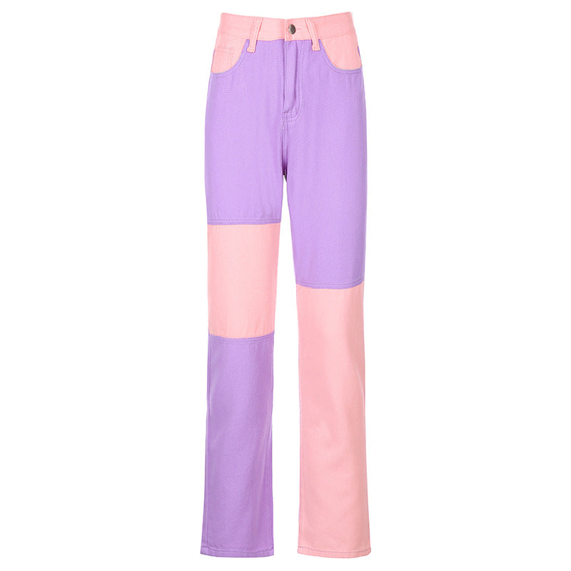 High Waist Two Tone Patchwork Straight Leg Jeans 8