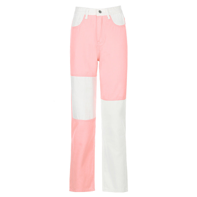 High Waist Two Tone Patchwork Straight Leg Jeans 7