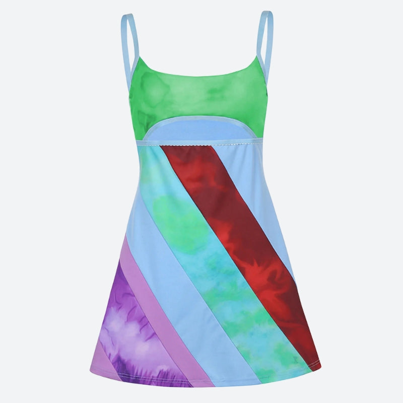 Tie Dye Striped Patchwork Cut Out Waist Strappy A-Line Mini Dress 4