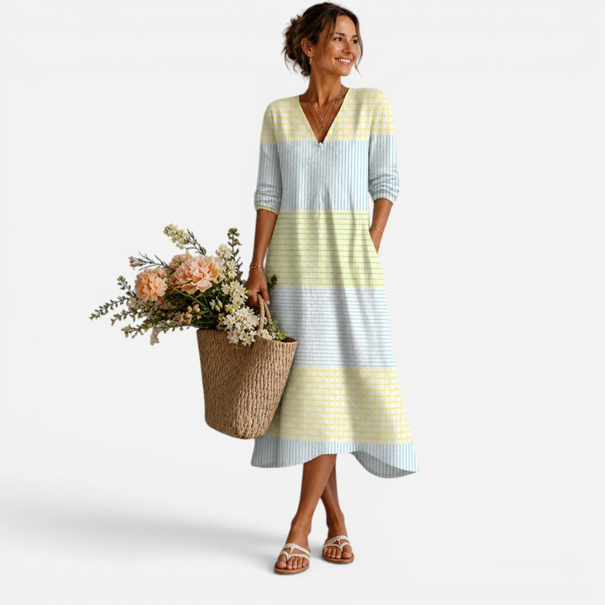 Women's Striped Midi Dress V-Neck Casual Summer Dress