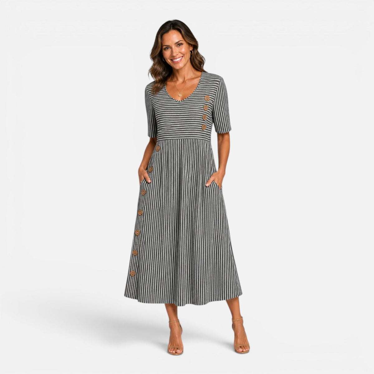 Striped Square Neck Short Sleeve Side Button Midi Dress