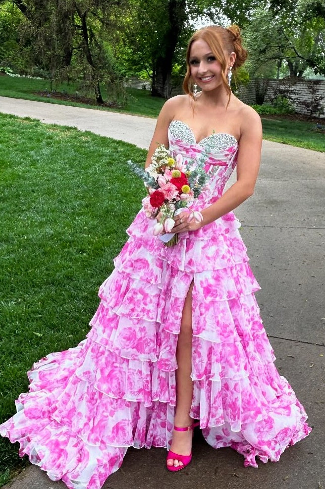Stunning A Line Sweetheart Blue Printed Corset Prom Dress with Beading Ruffles
