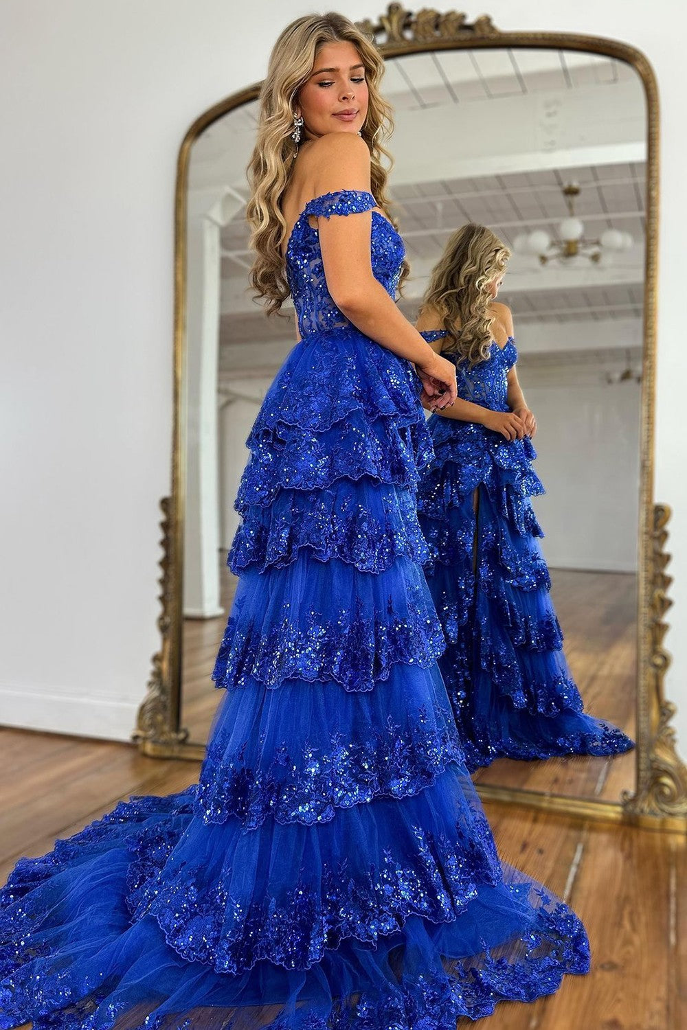 Stunning Glitter A-Line Off The Shoulder Long Tiered Prom Dress With Split