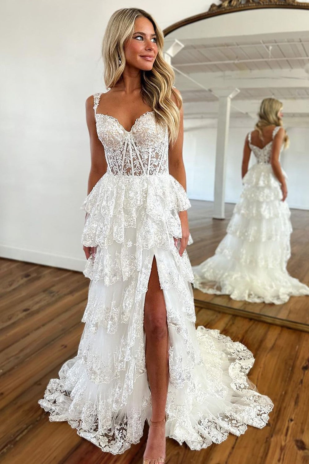 Stunning Glitter A-Line Off The Shoulder Long Tiered Prom Dress With Split