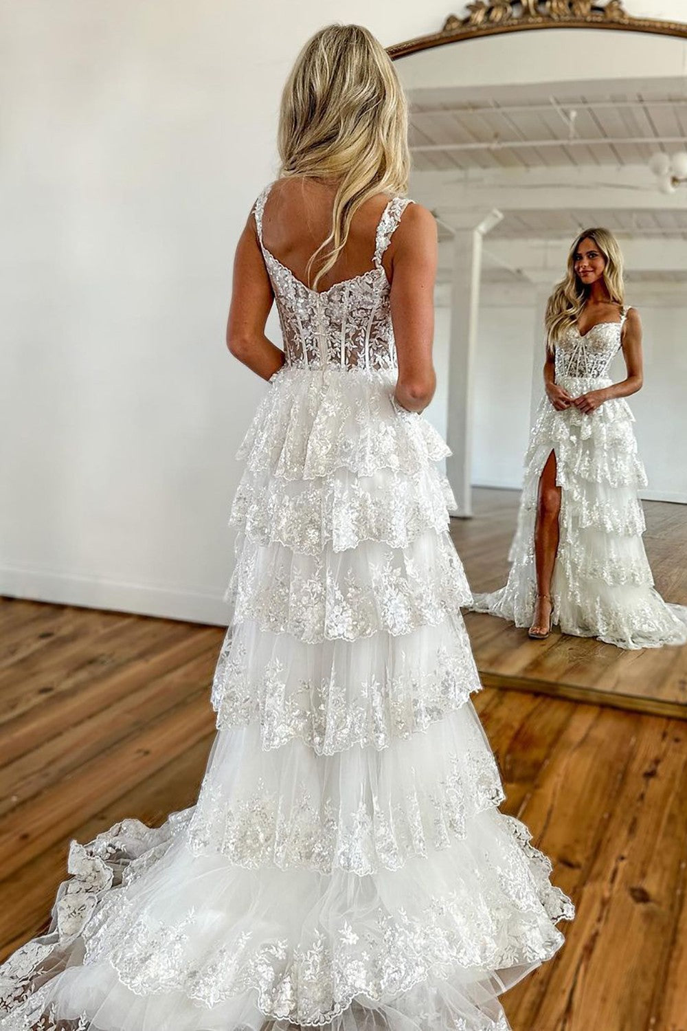 Stunning Glitter A-Line Off The Shoulder Long Tiered Prom Dress With Split