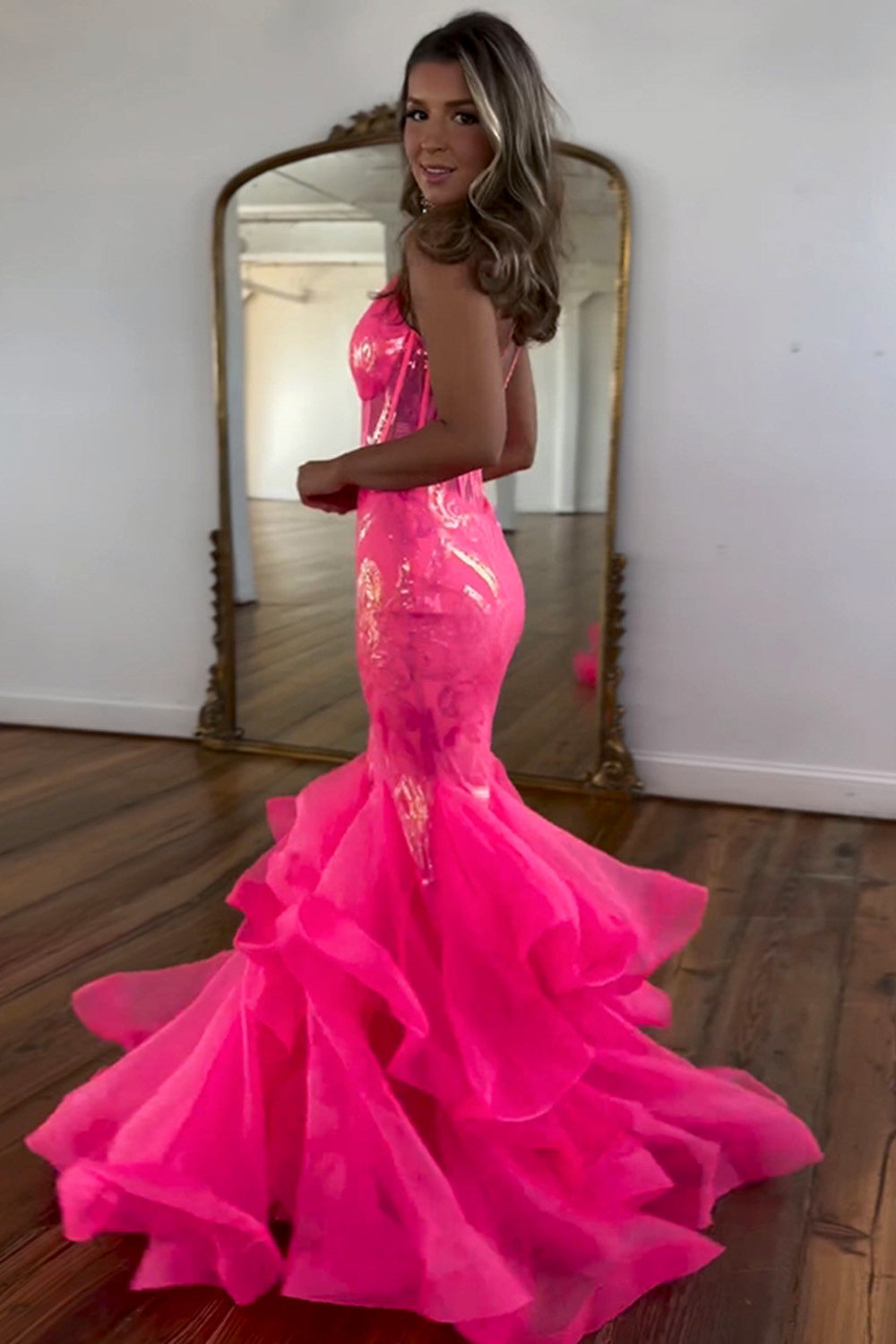 Hot Pink Sequin Long Mermaid Spaghetti Straps Prom Dress With Ruffles