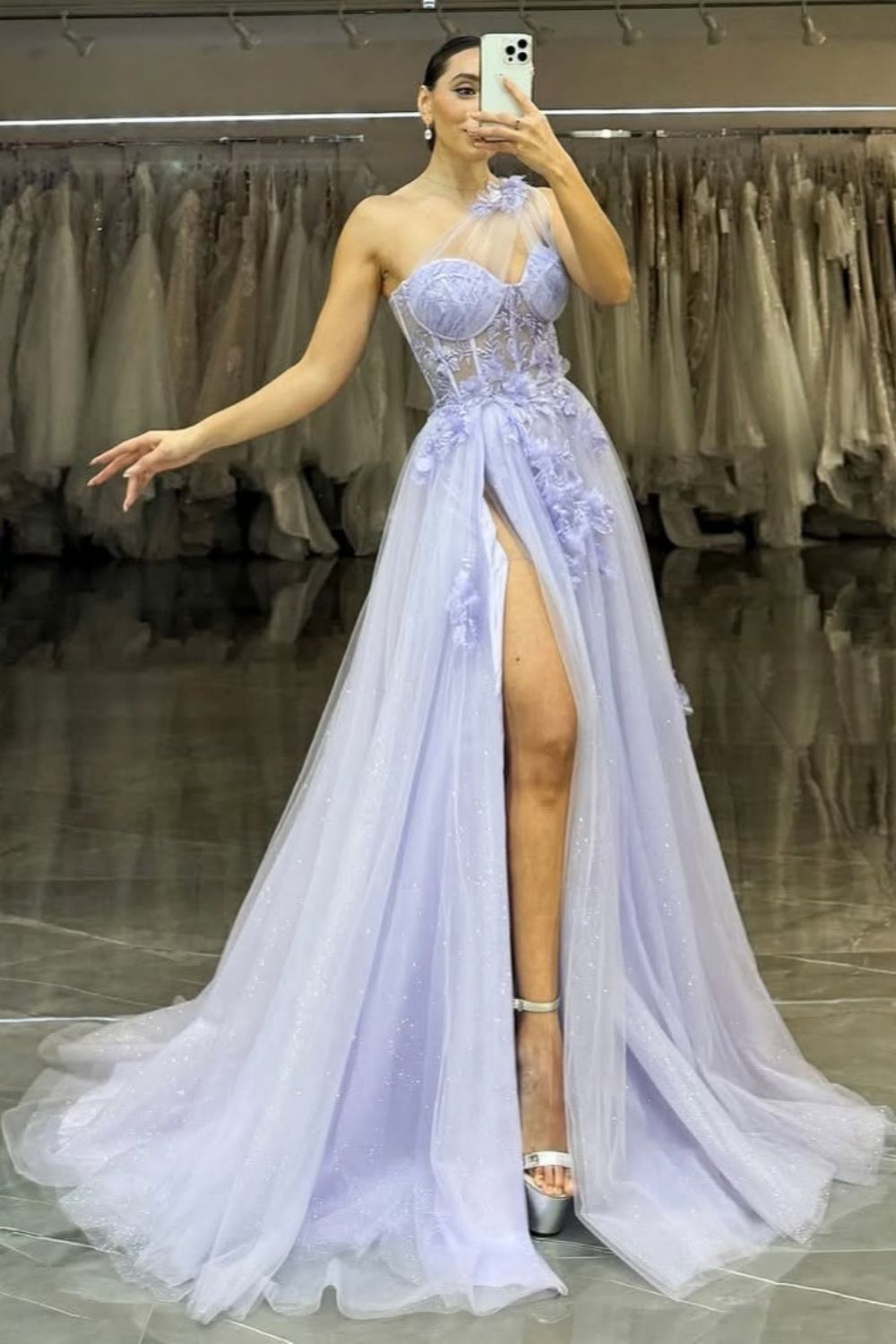 Stunning Lilac A-Line One Shoulder Long Tulle Formal Dress with Appliques