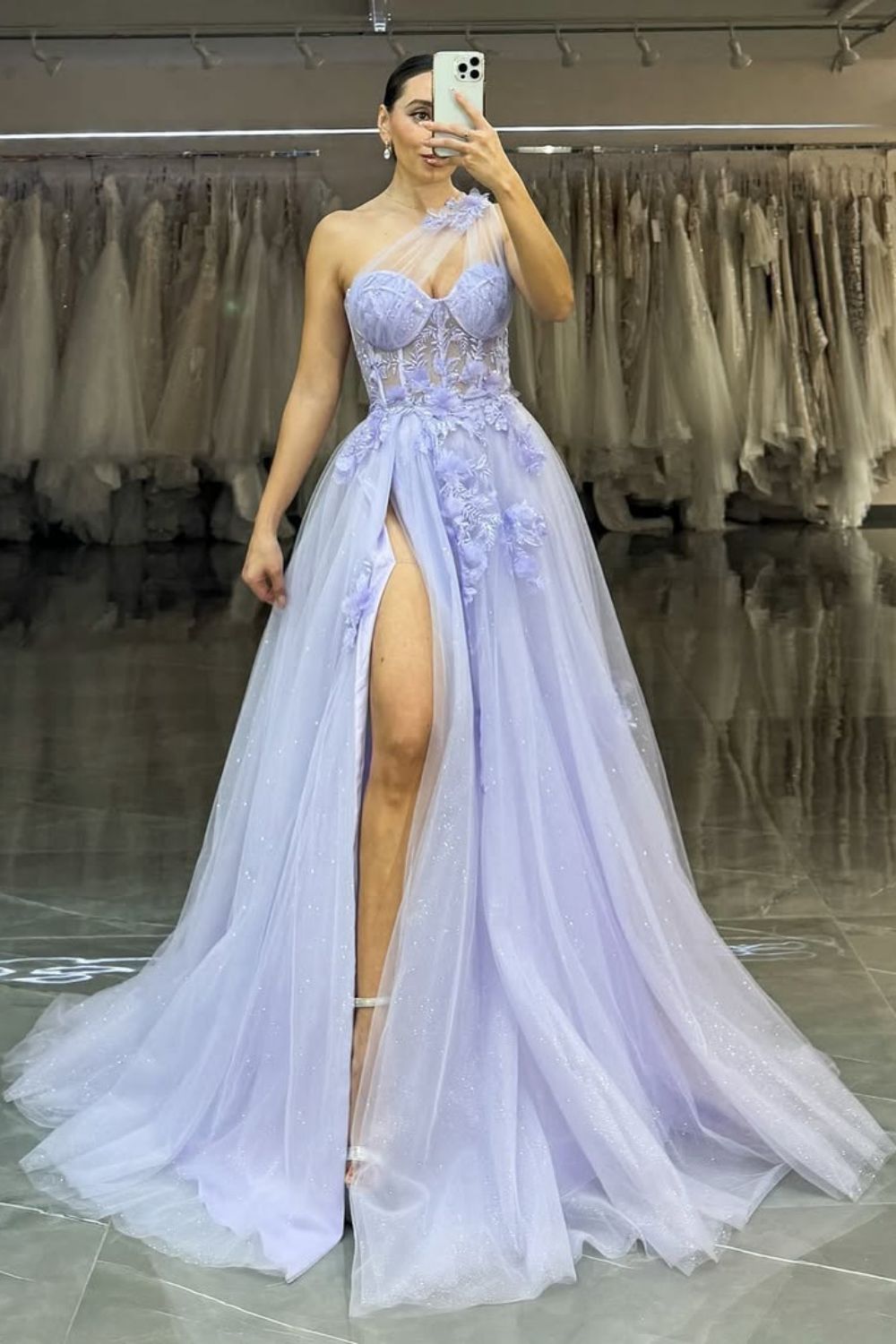Stunning Lilac A-Line One Shoulder Long Tulle Formal Dress with Appliques