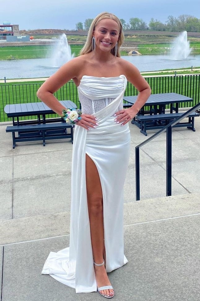 Stunning Mermaid Strapless Pink Corset Prom Dress with Split Front