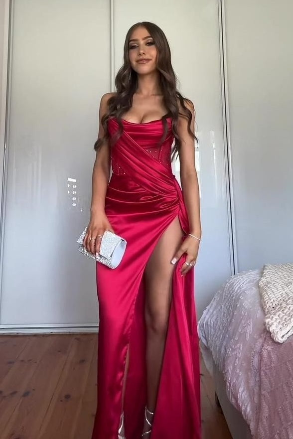 Stunning Mermaid Strapless Pink Corset Prom Dress with Split Front
