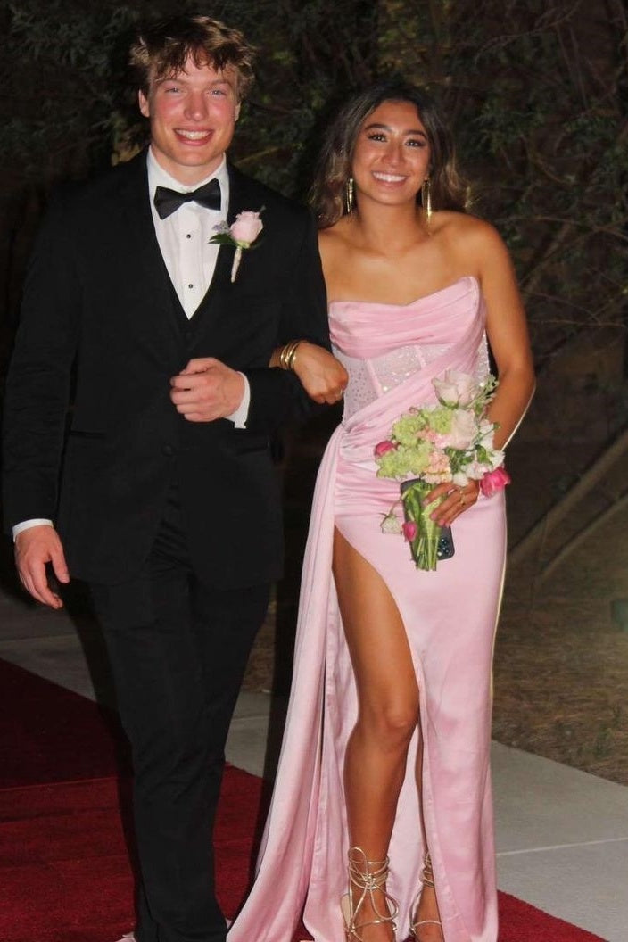 Stunning Mermaid Strapless Pink Corset Prom Dress with Split Front