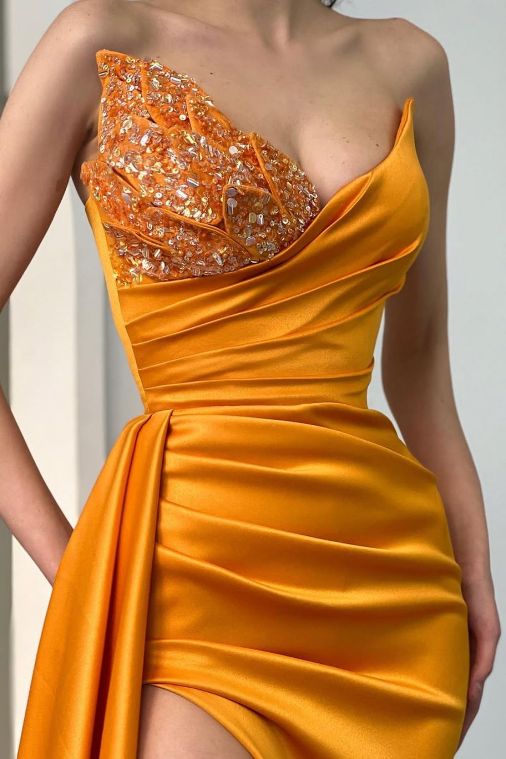 Stunning Orange Mermaid V-Neck Long Satin Formal Dress with Beading