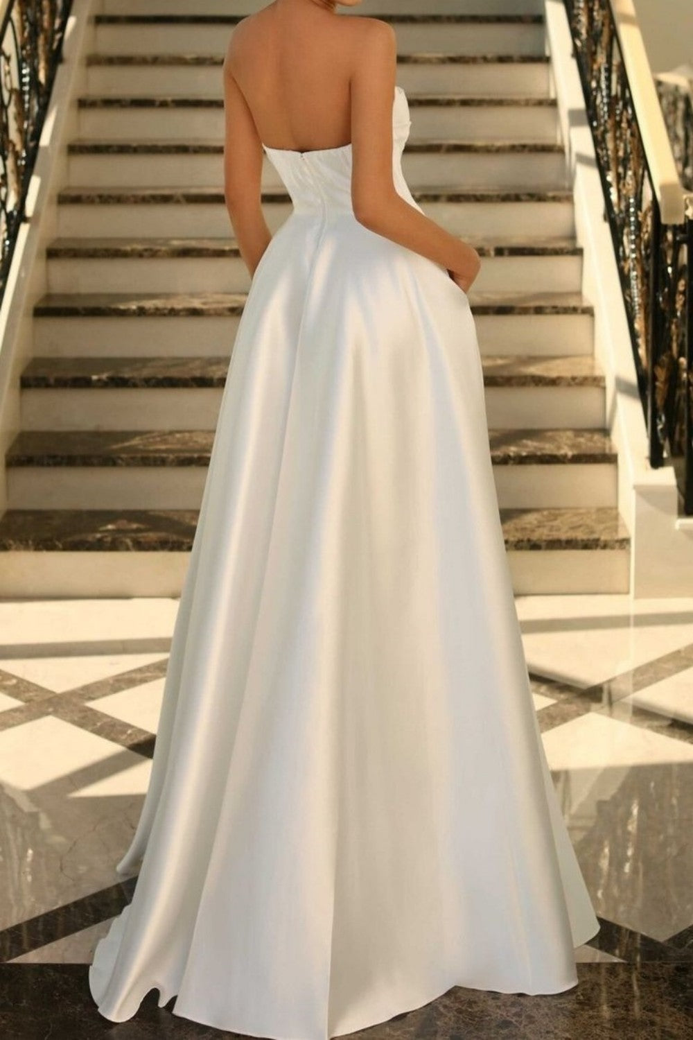 Stunning Sage Green A-Line Strapless Long Satin Prom Dress with Slit