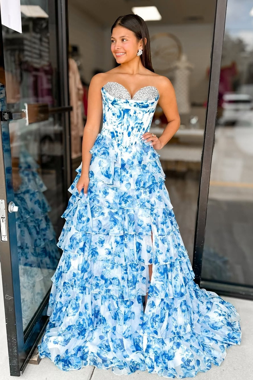 Stunning A Line Sweetheart Blue Printed Corset Prom Dress with Beading Ruffles