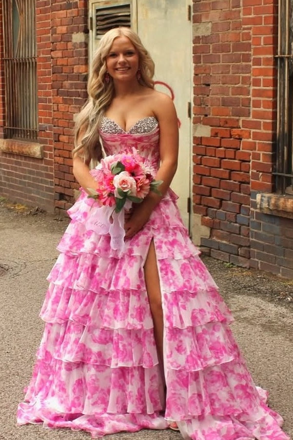 Stunning A Line Sweetheart Blue Printed Corset Prom Dress with Beading Ruffles