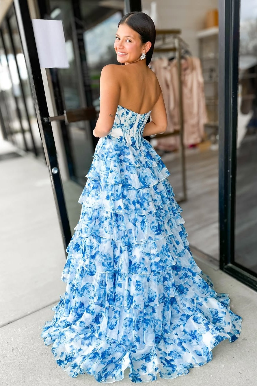 Stunning A Line Sweetheart Blue Printed Corset Prom Dress with Beading Ruffles