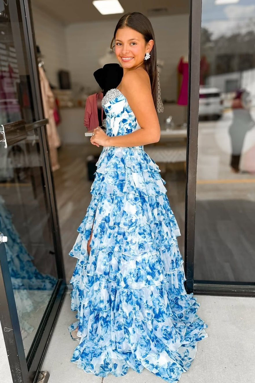 Stunning A Line Sweetheart Blue Printed Corset Prom Dress with Beading Ruffles