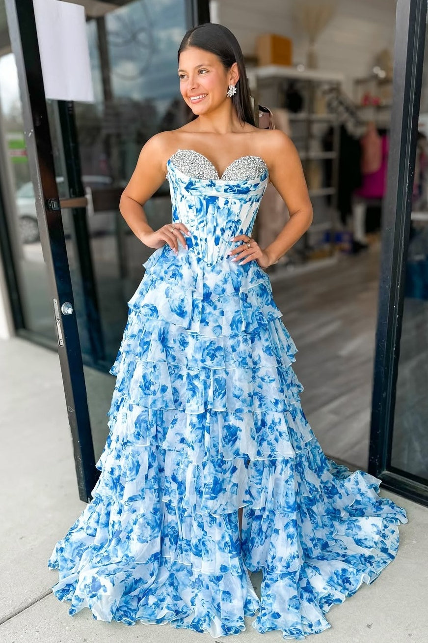 Stunning A Line Sweetheart Blue Printed Corset Prom Dress with Beading Ruffles