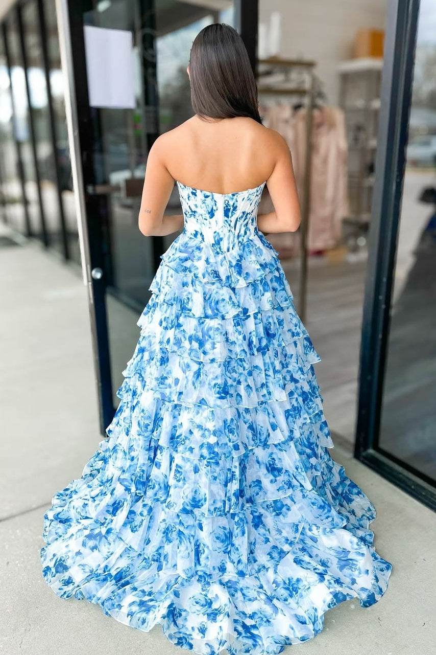 Stunning A Line Sweetheart Blue Printed Corset Prom Dress with Beading Ruffles