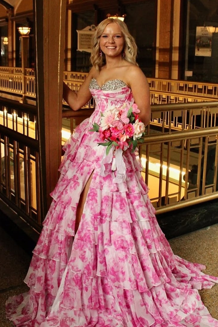Stunning A Line Sweetheart Blue Printed Corset Prom Dress with Beading Ruffles