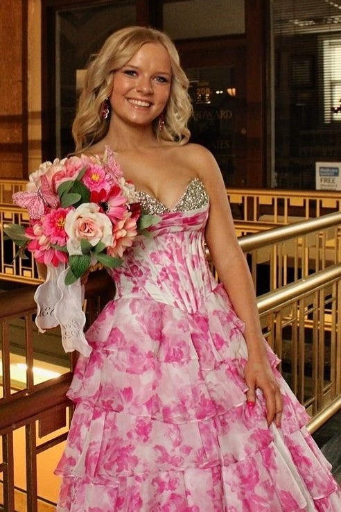 Stunning A Line Sweetheart Blue Printed Corset Prom Dress with Beading Ruffles